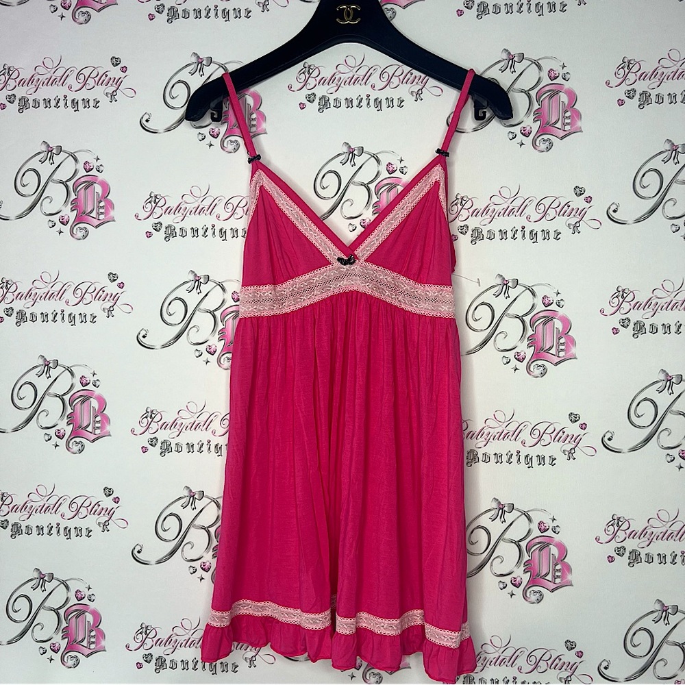 Victoria secret tank top pink ruffles ribbon sparkly black bows frilly hem lace